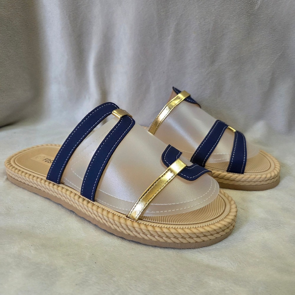 FDSAIGH Navy Gold Translucent Slide Sandals Braided Rope Edge Women Size 39 NEW